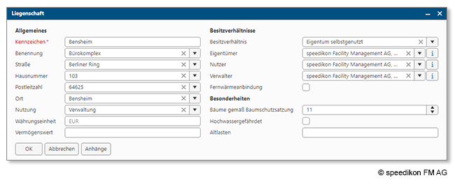 Das Bild zeigt ein barrierefreies Dialogfeld aus der CAFM-Software speedikon C. Hier wurden die Kontraste sowie die Kennzeichnung der Pflichtfelder angepasst, um barrierefreie Vorgaben zu erfüllen.