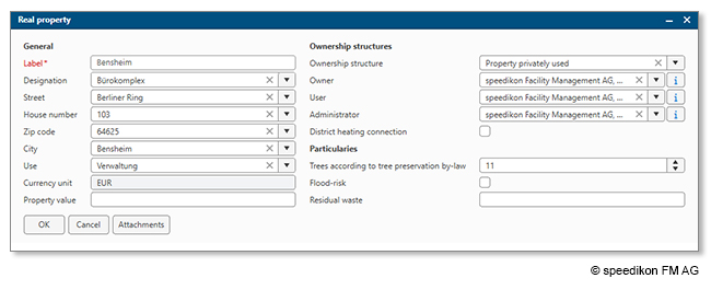 The image shows an accessible dialog field from the CAFM software speedikon C. Here, the contrasts and the labelling of the mandatory fields have been adapted to meet accessibility requirements.