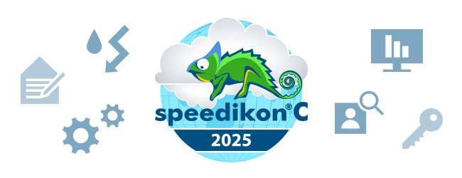 Logo of speedikon FM AG with the year number "2025" below it indicating the software version being released in the year 2025. The logo features a green chameleon on a cloud, symbolizing adaptability and cloud-based solutions. The background includes a globe, indicating global reach. Surrounding the logo are icons representing key functionalities such as document management, energy tracking, analytics, user management, security, and automation.